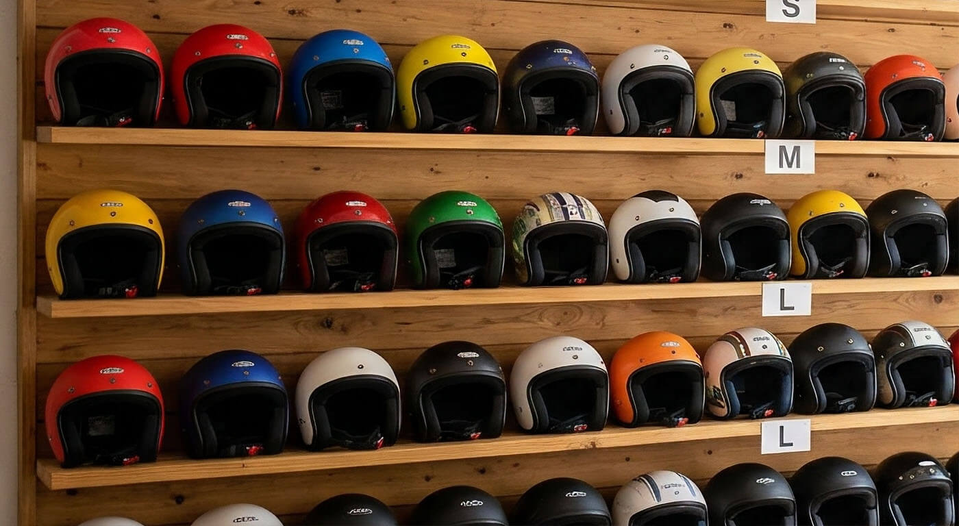 Helmet wall at the WPY Rental desk, sizes labeled